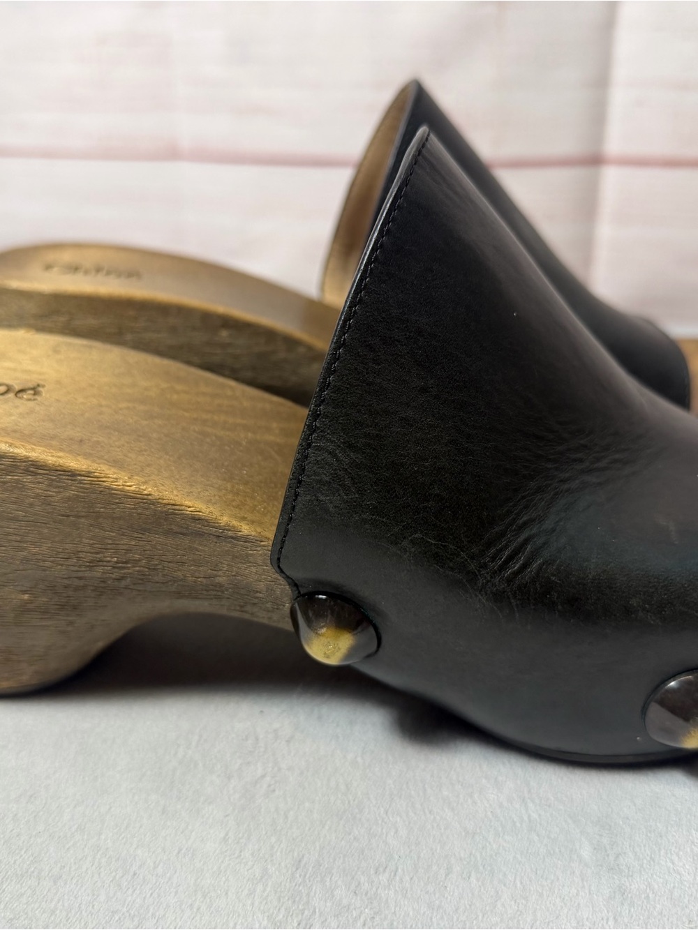 Chloé Black Leather Wooden Clog Mule Sandals Brass Studs Vintage Boho Y2K